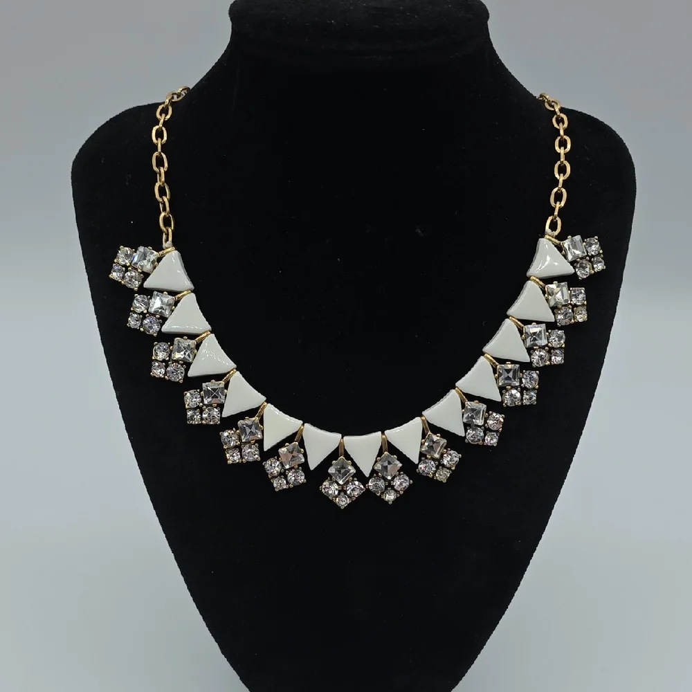 J. Crew Gold and White Lucite And Rhinestone Statement Necklace